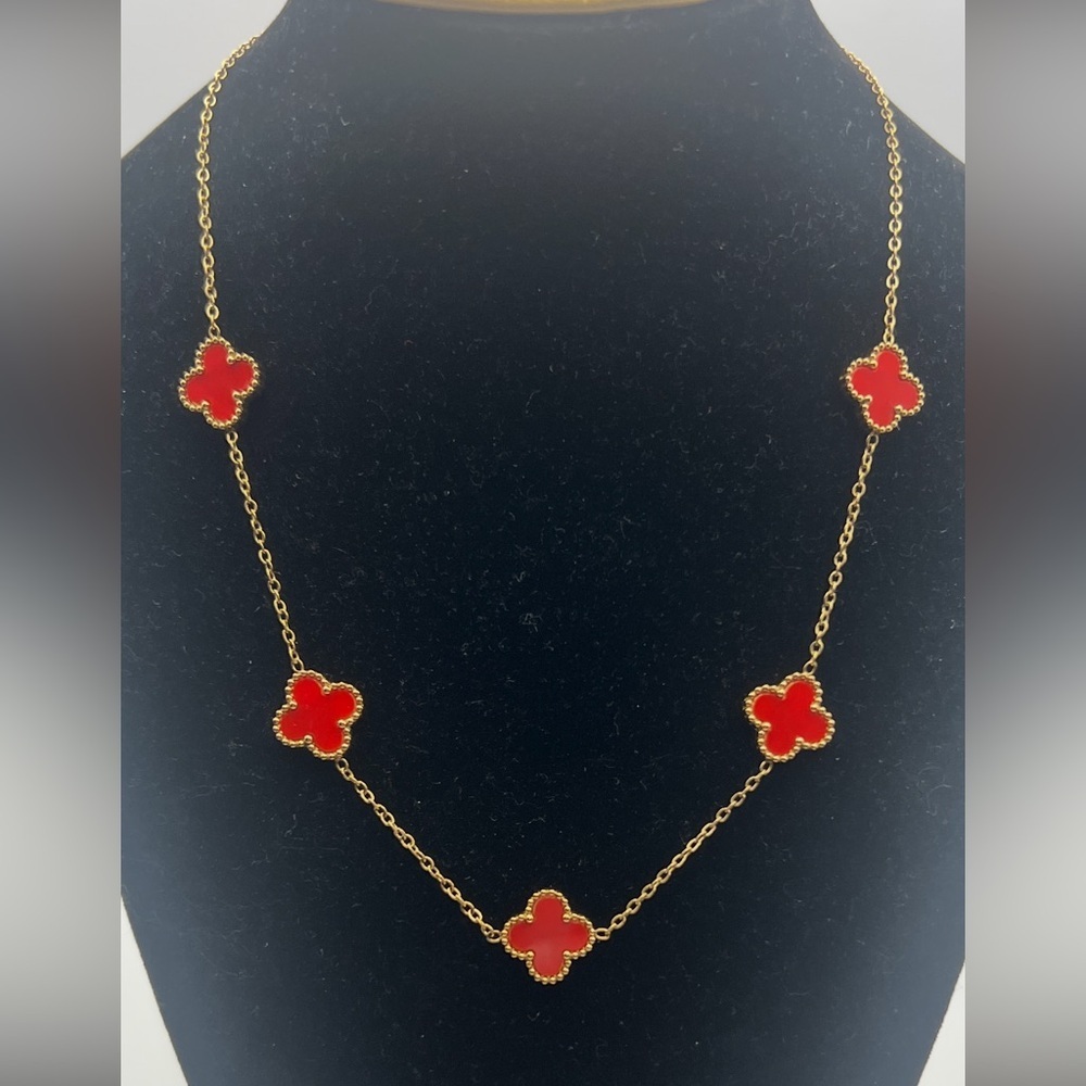 Gold Tone Red Clover Station Necklace - Stainless Steel